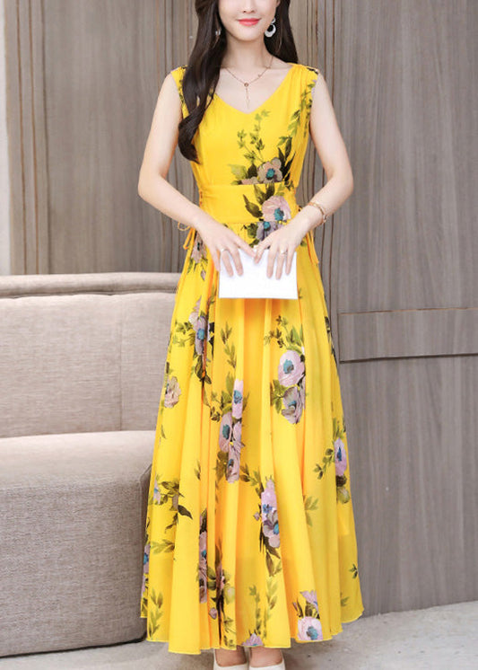 Vogue Yellow V Neck Print Chiffon Long Dresses Summer Ly1715