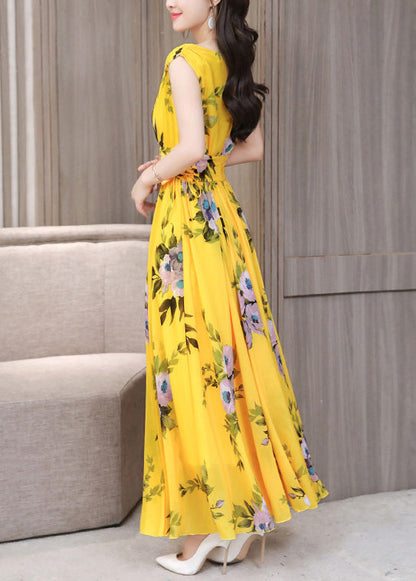 Vogue Yellow V Neck Print Chiffon Long Dresses Summer Ly1715