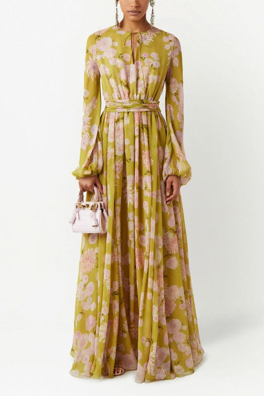 Lace Up Puff Sleeve Maxi Dress