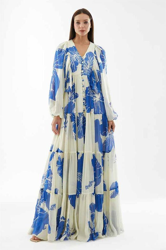 Print Long Sleeve V-neck Maxi Dress