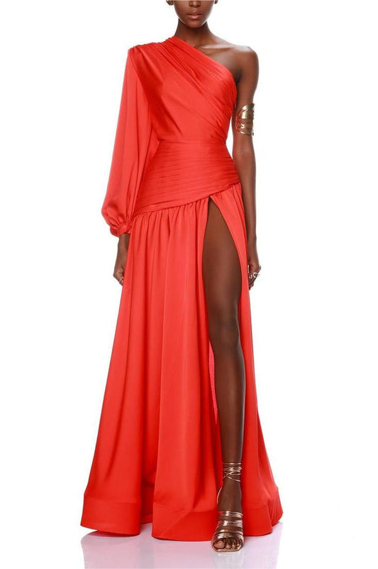 Satin Pleat One-shoulder Long Sleeve Maxi Dress
