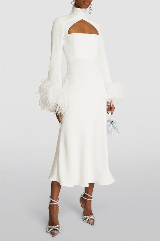 Feather High Neck Midi Dress
