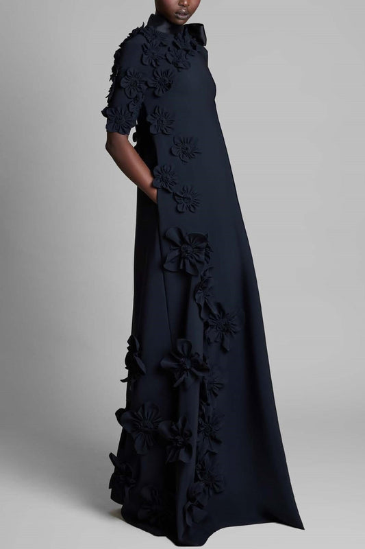 3d Flower Lace Up Mid Sleeve Maxi Dress