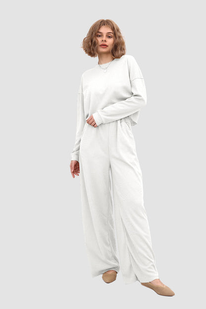 Waffle Pullover Top & Knit Wide Pants