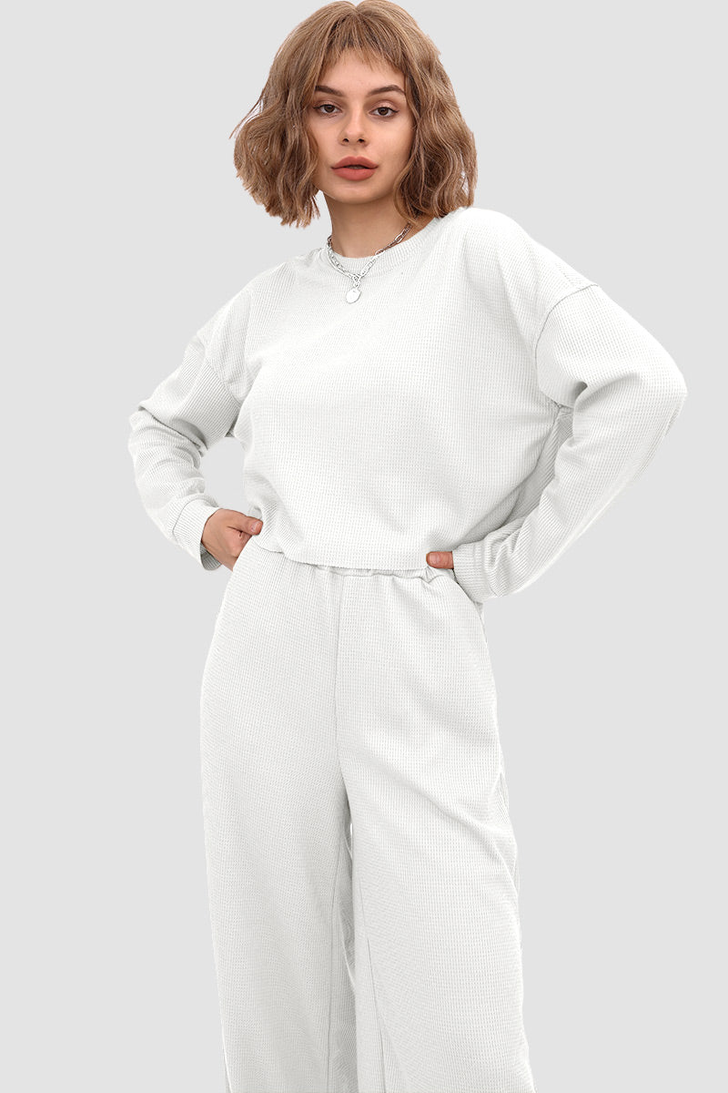 Waffle Pullover Top & Knit Wide Pants