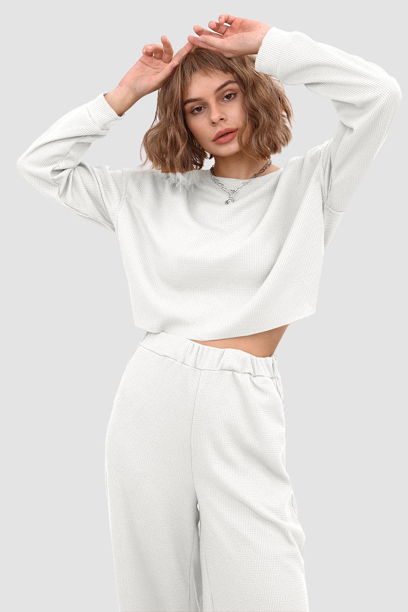 Waffle Pullover Top & Knit Wide Pants
