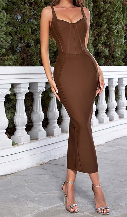 Waist-tightening Corset Midi Dress in Brown