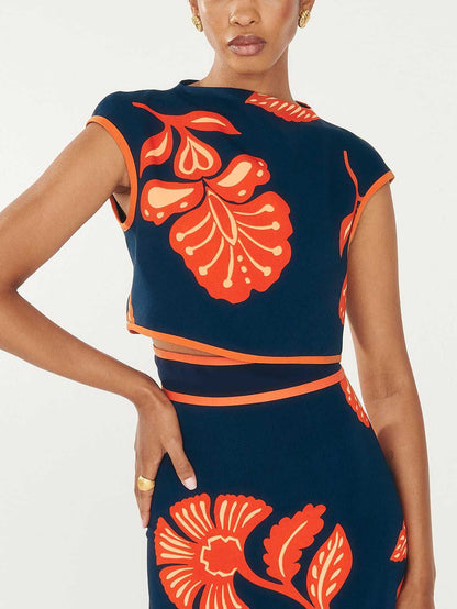 Exquisite Plant and Flower Print Cap Sleeve Short T-shirt