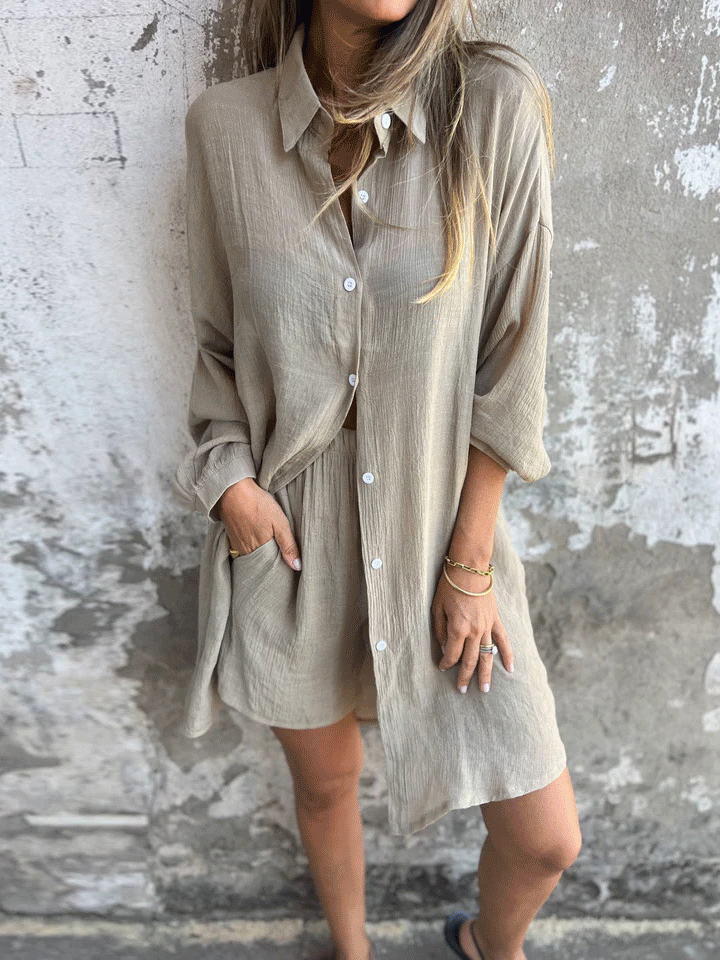 Color Lapel Long Shirt and Elastic Waist Loose Pocket Shorts Set