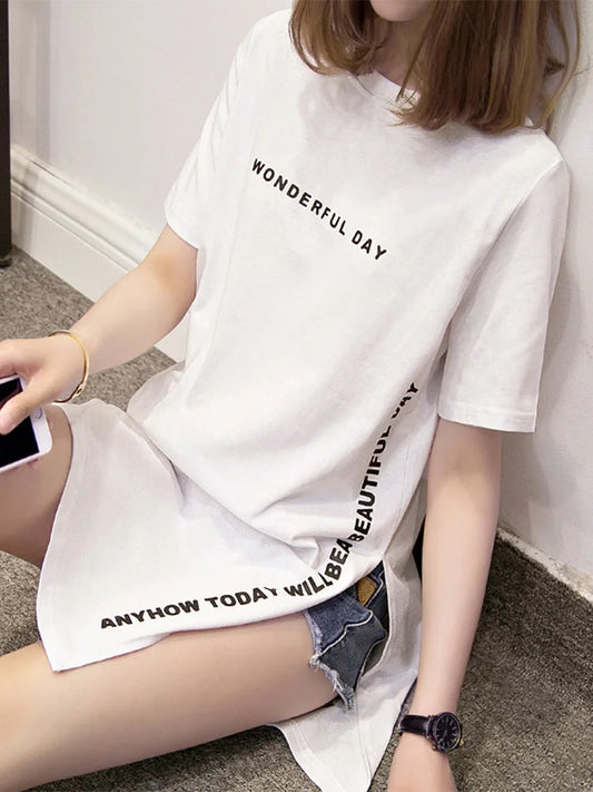 Wonderful Day Print Long T Shirts Summer Loose Slit Femme Tops Cotton Tshirt Short Sleeve T-shirt