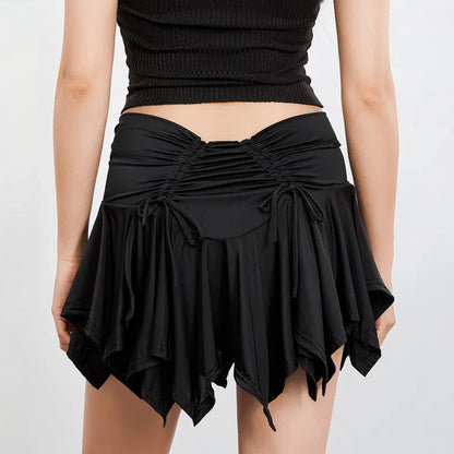Gothic Irregular Color Drawstring Tie-up Ruched Ruffles Mini Summer Skirt