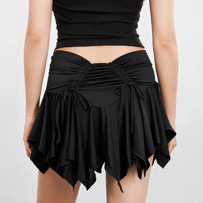 Gothic Irregular Color Drawstring Tie-up Ruched Ruffles Mini Summer Skirt