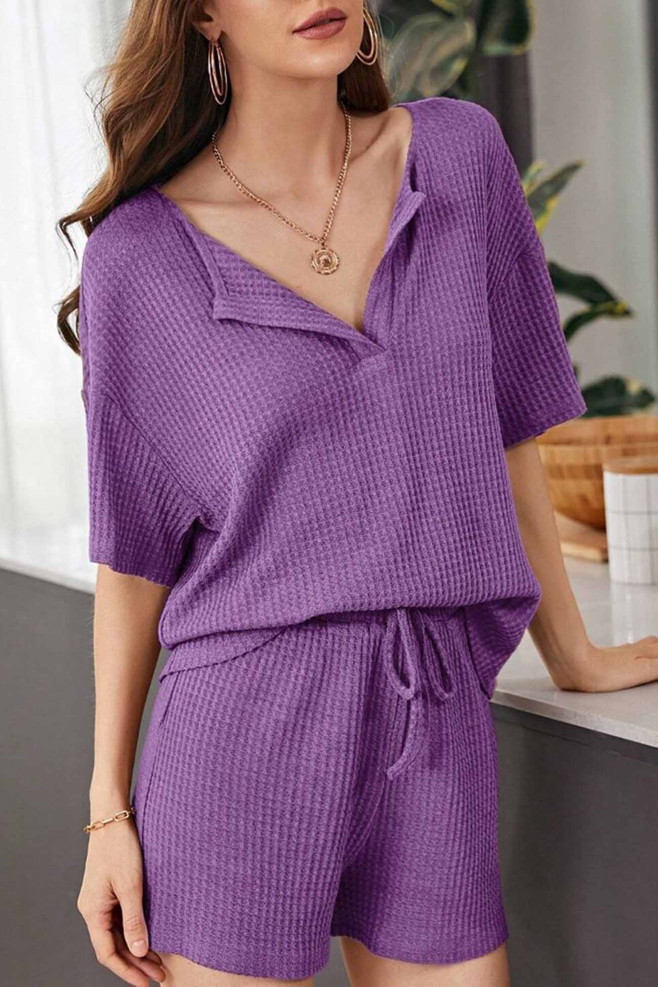 Waffle Drop Shoulder Drawstring Shorts Set