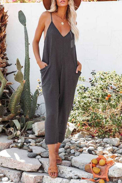 Waffle V Neck Spaghetti Straps Jumpsuits