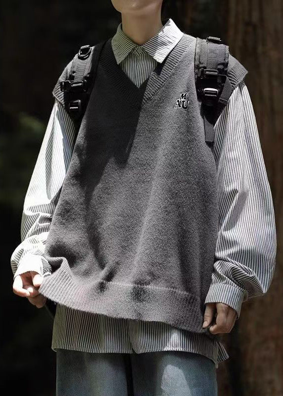 Warm Grey V Neck Knit Pullover Waistcoat Sleeveless Rj037