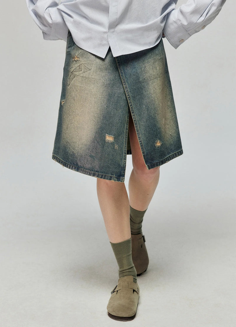 Distressed Denim Wrap Skirt