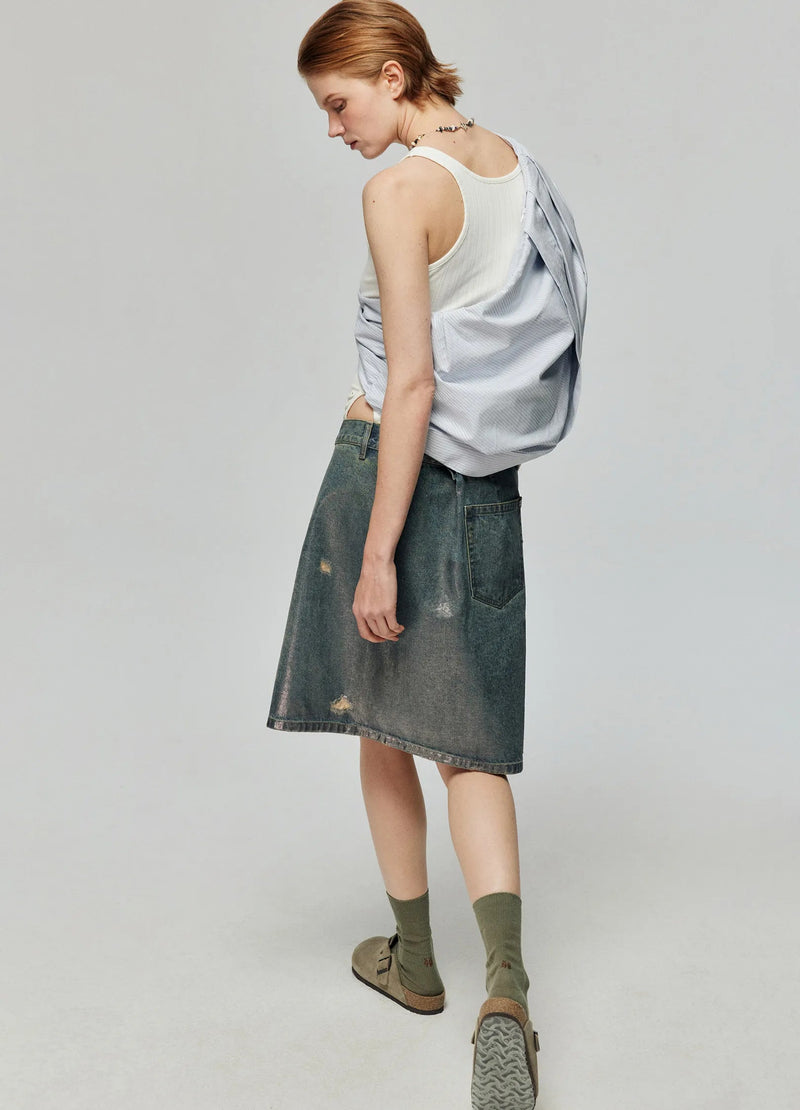 Distressed Denim Wrap Skirt