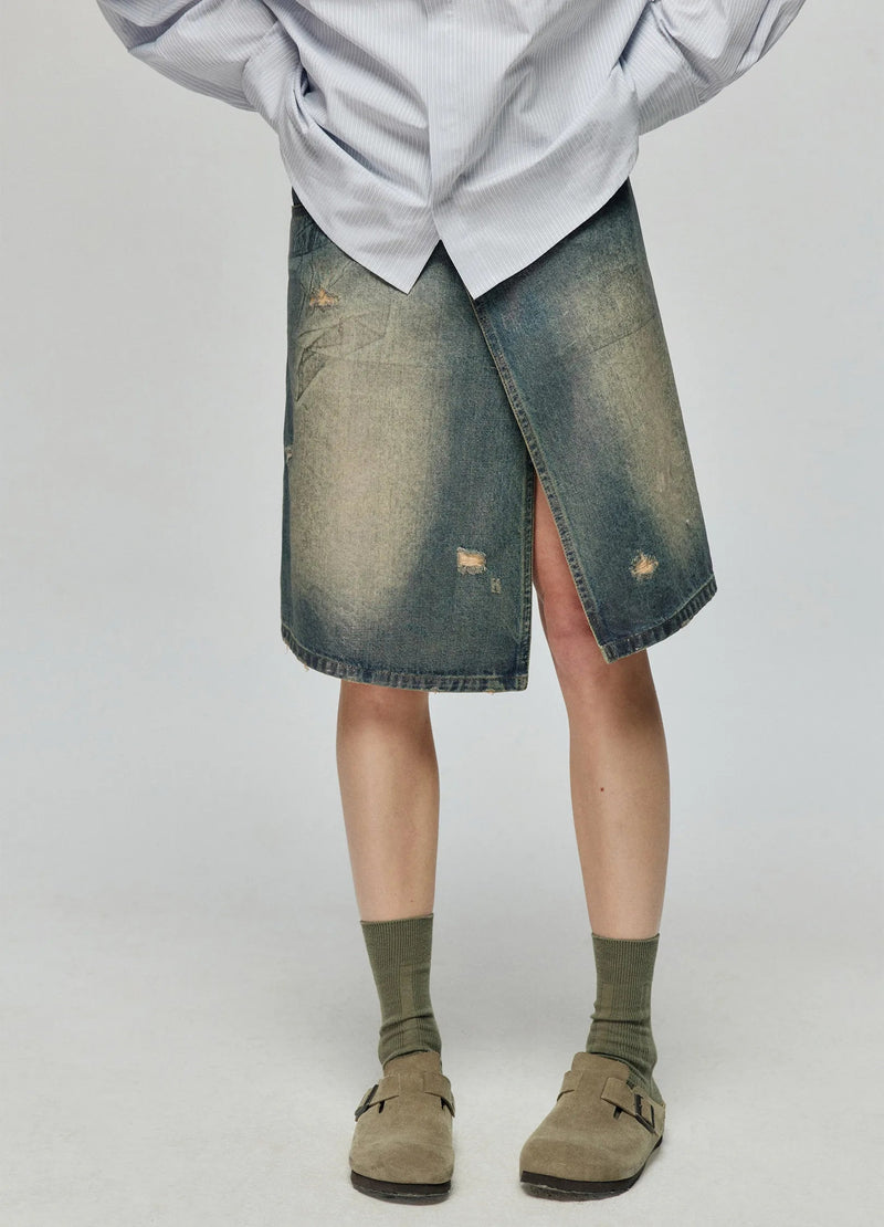 Distressed Denim Wrap Skirt