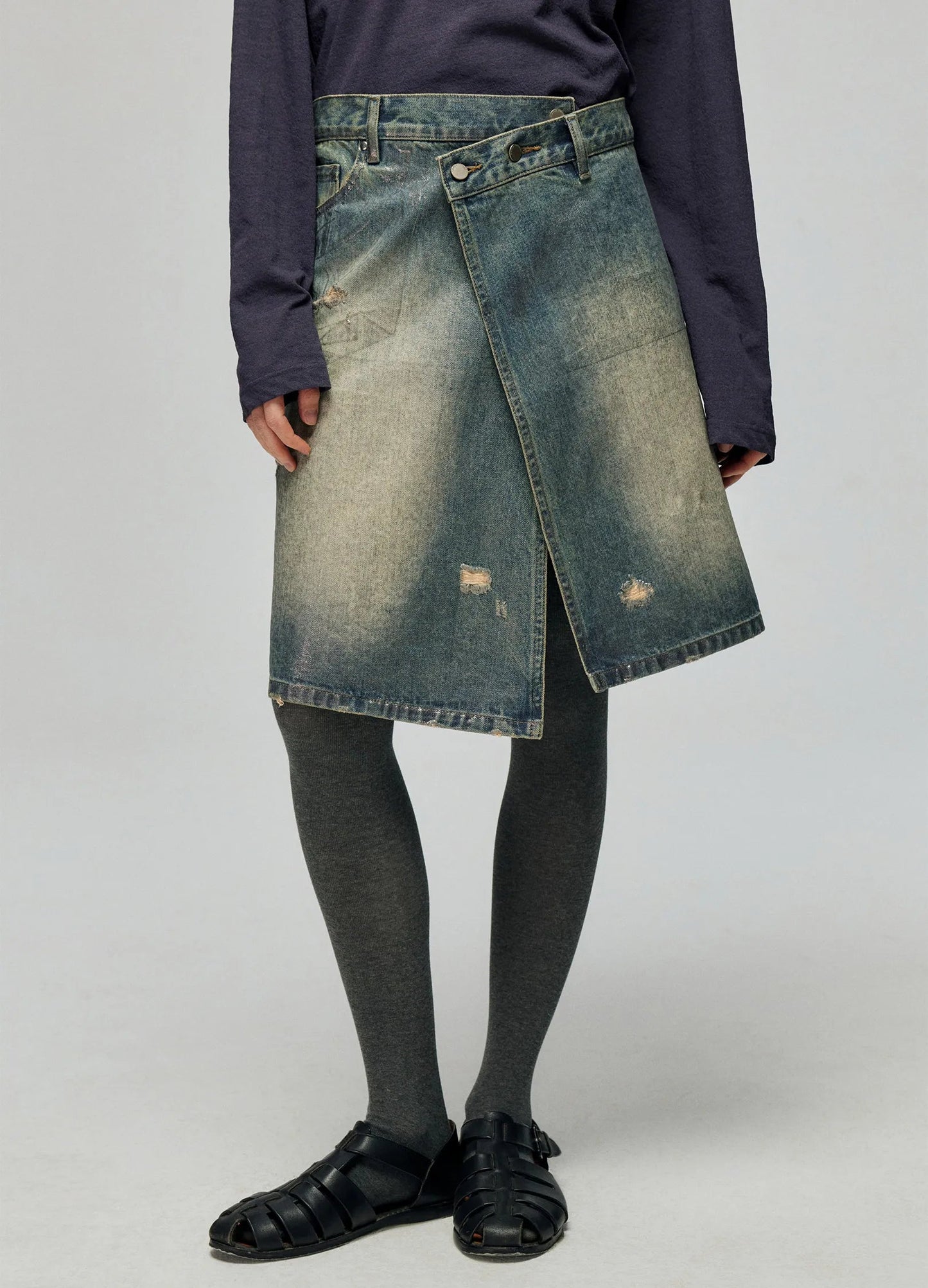 Distressed Denim Wrap Skirt