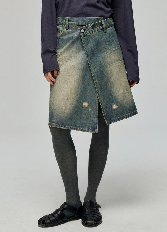 Distressed Denim Wrap Skirt