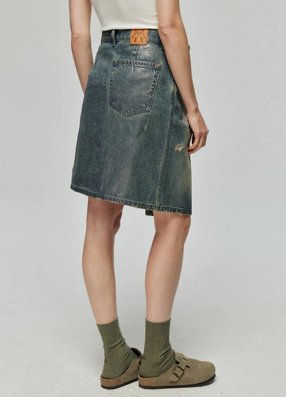 Distressed Denim Wrap Skirt