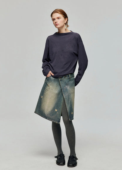 Distressed Denim Wrap Skirt