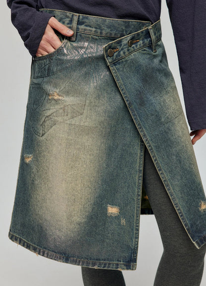 Distressed Denim Wrap Skirt