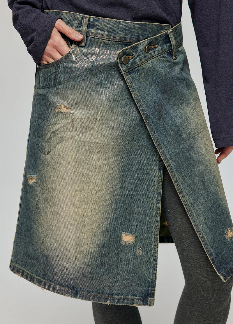 Distressed Denim Wrap Skirt