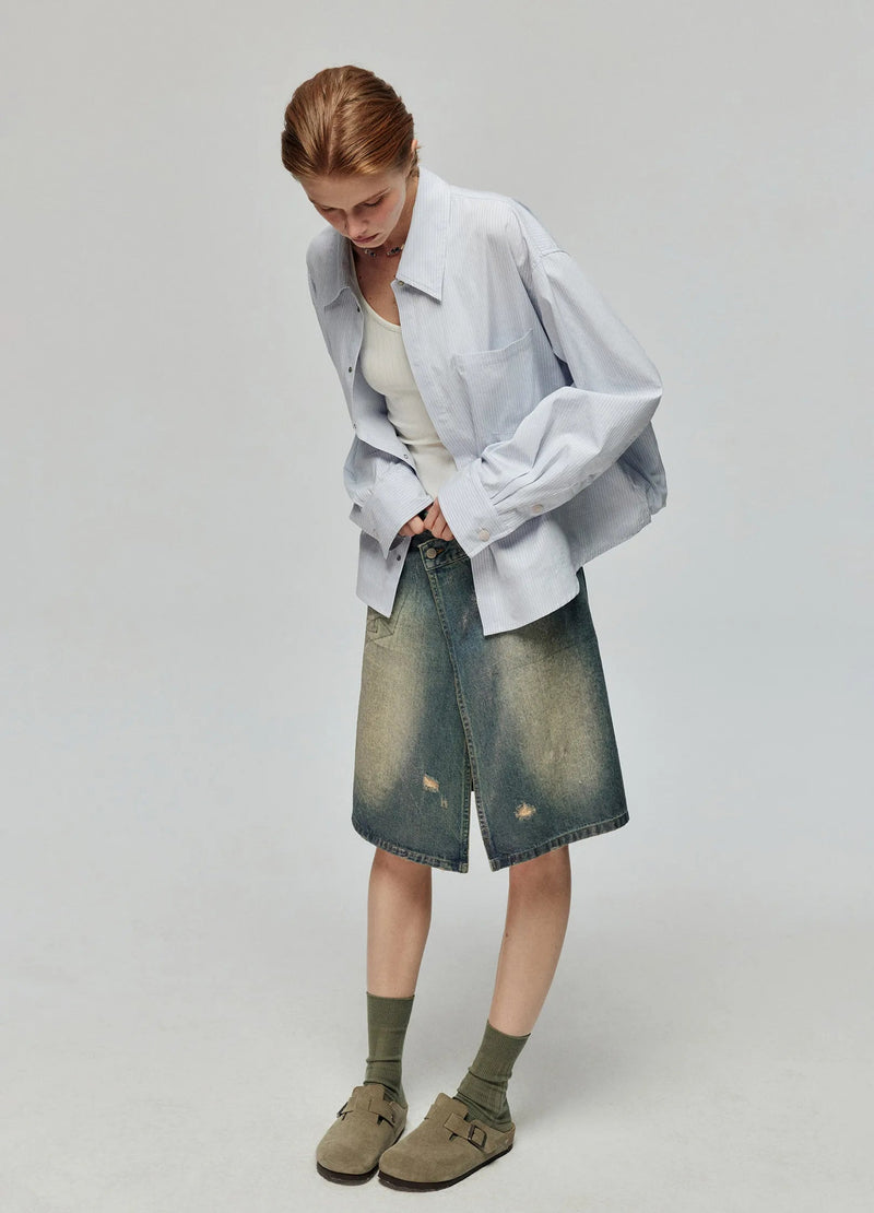 Distressed Denim Wrap Skirt