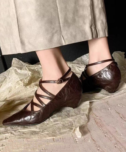 Wedge Heel Shoes Cross Strap Buckle Chocolate Hollow Out Jj031