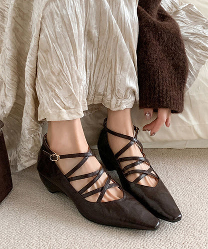 Wedge Heel Shoes Cross Strap Buckle Chocolate Hollow Out Jj031