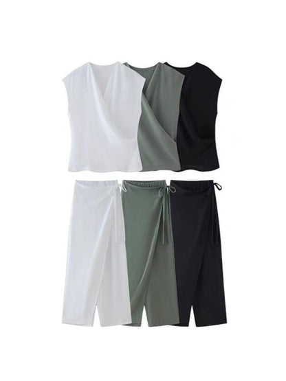 Sleeveless V Neck Top & Wrap Pant Coord Set