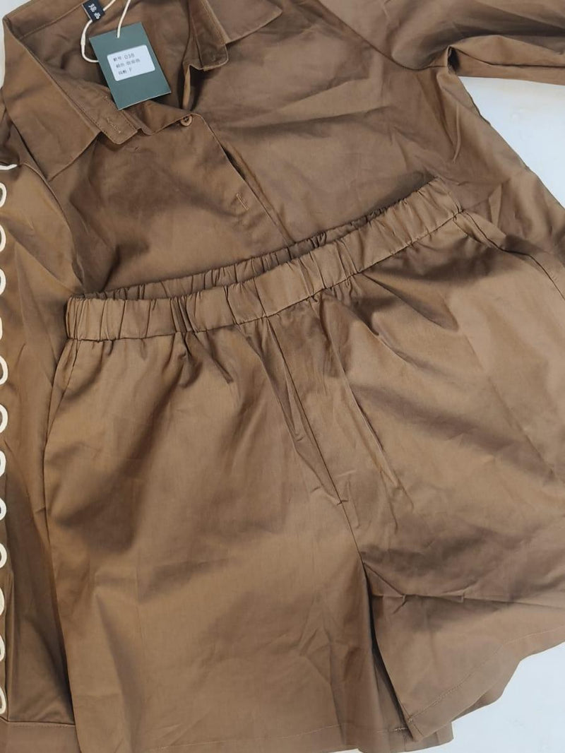 Embroidered Shirt With Spaghetti Top & Shorts Coord Set