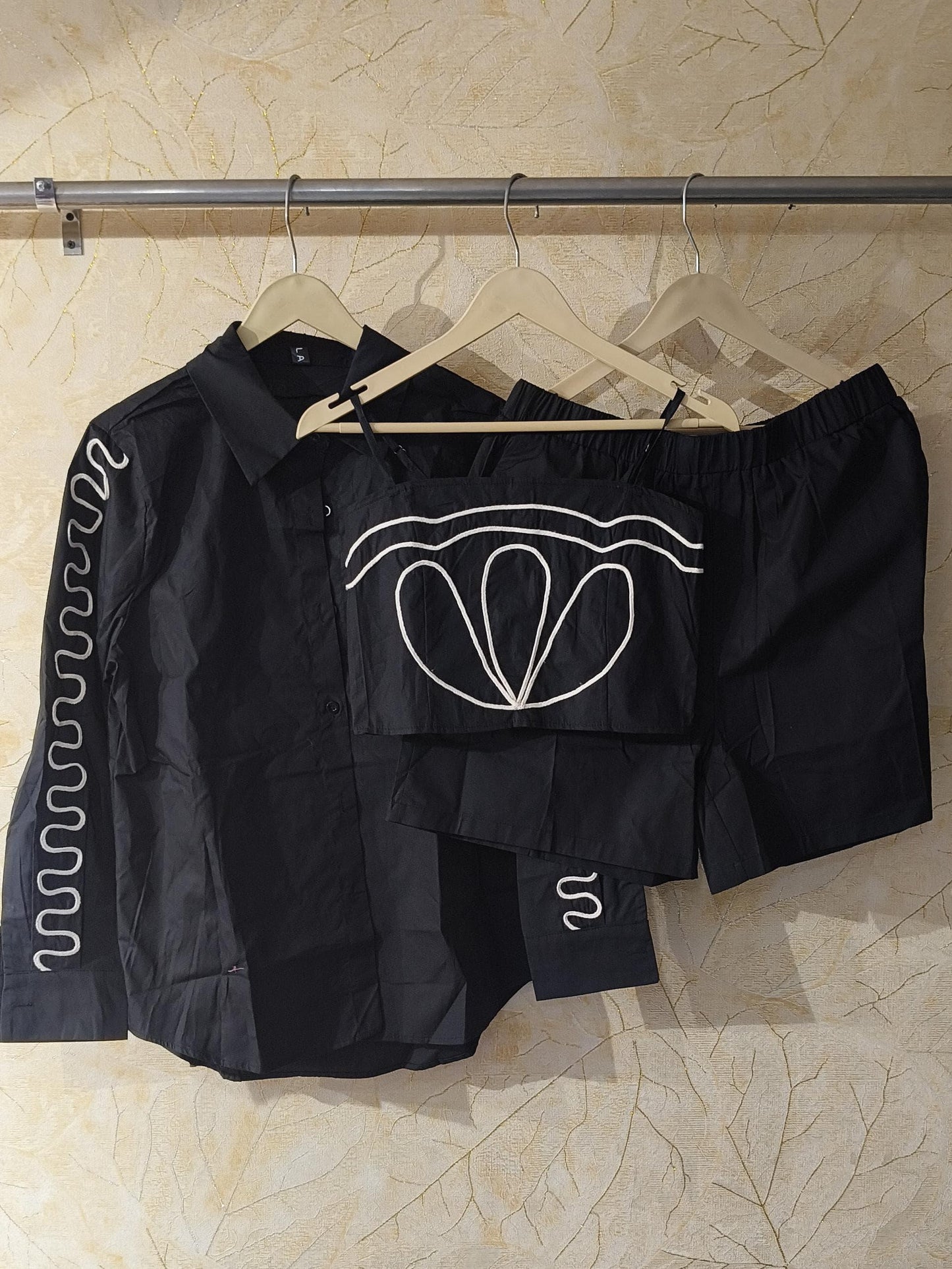 Embroidered Shirt With Spaghetti Top & Shorts Coord Set