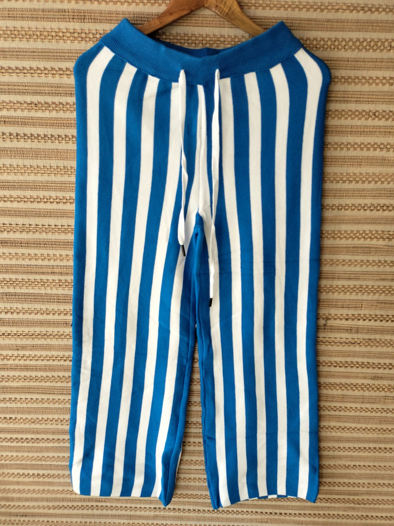 Striped Woolen Wide Elastic Waist Leg Pants - Winter
