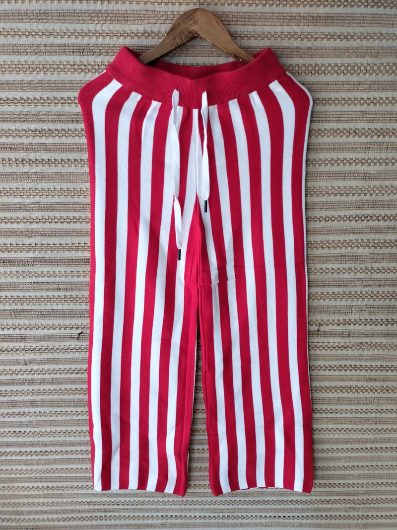 Striped Woolen Wide Elastic Waist Leg Pants - Winter