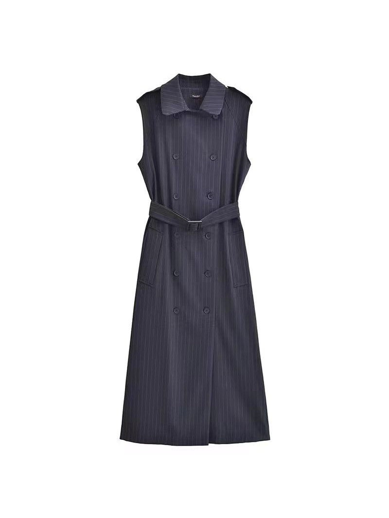 Striped Sleeveless Midi Dress With Belt