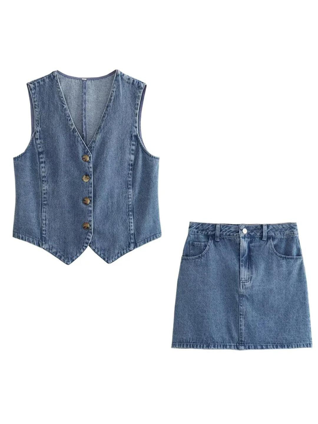 Denim Vest Coat and Mini Skirt Coord Set