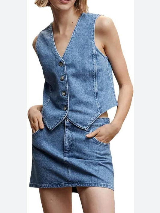 Denim Vest Coat and Mini Skirt Coord Set