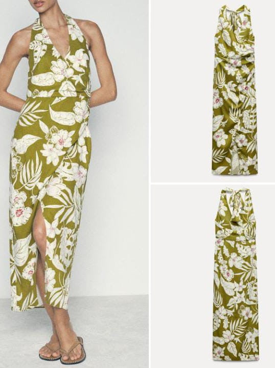 Print Halterneck Backless Slit Maxi Dress