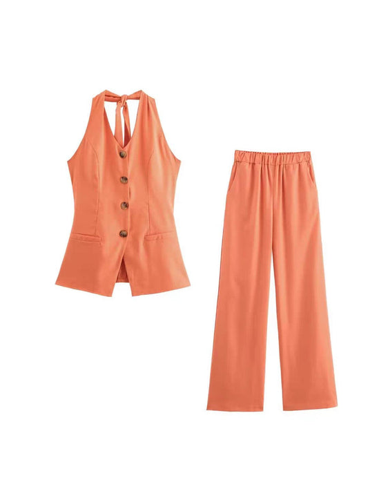 Tied Halterneck Vaist Coat and Wide Leg Pant Coord Set