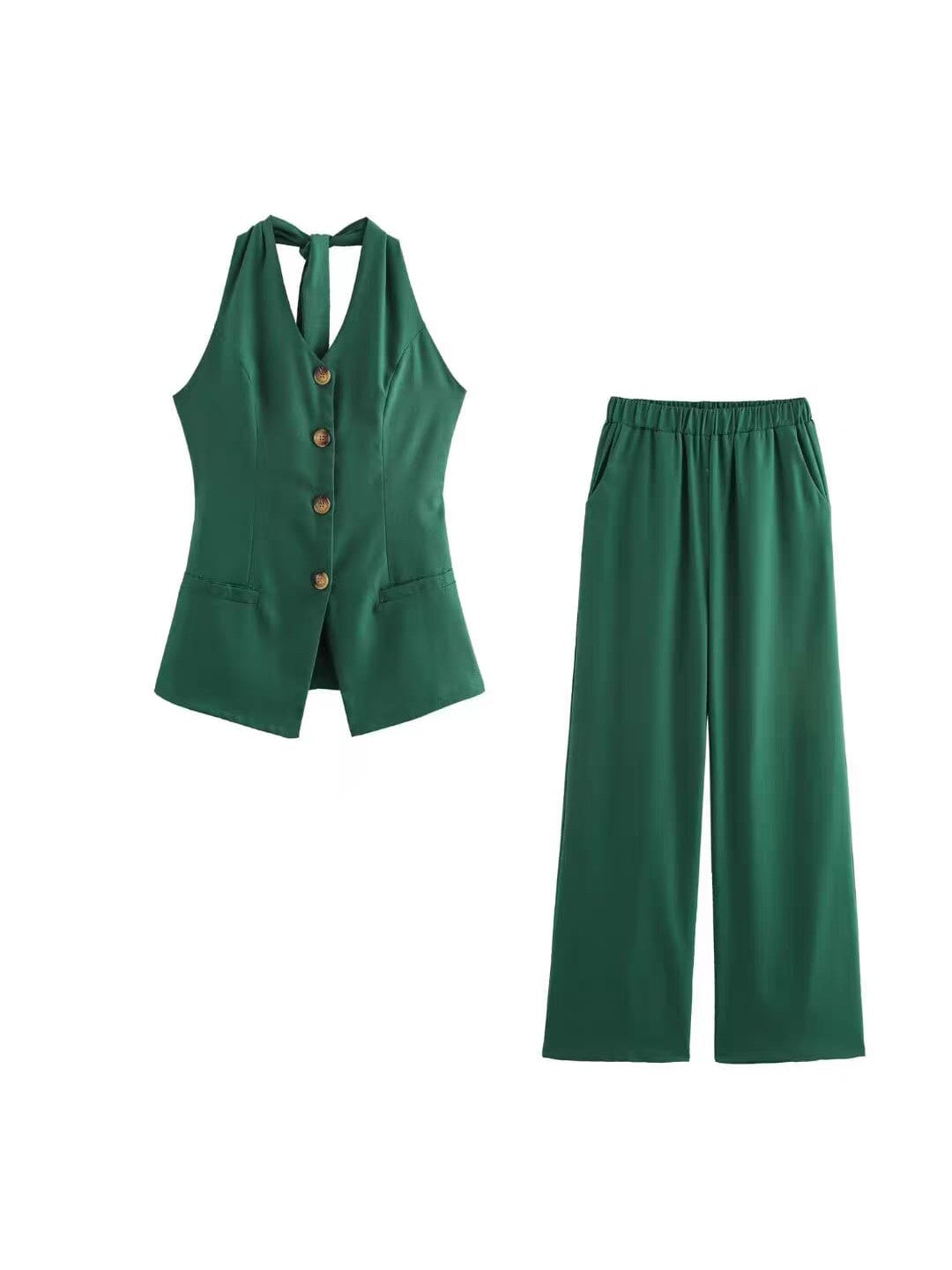 Tied Halterneck Vaist Coat and Wide Leg Pant Coord Set