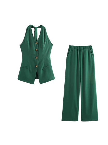 Tied Halterneck Vaist Coat and Wide Leg Pant Coord Set