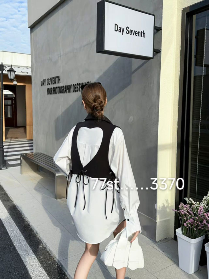 Oversized Fit Shirt Dress With Heart Shape Cutout Vest Coat