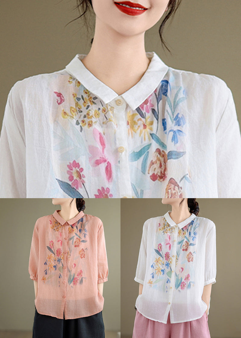 Blouses Half Sleeve Loose Linen Print Button Pink