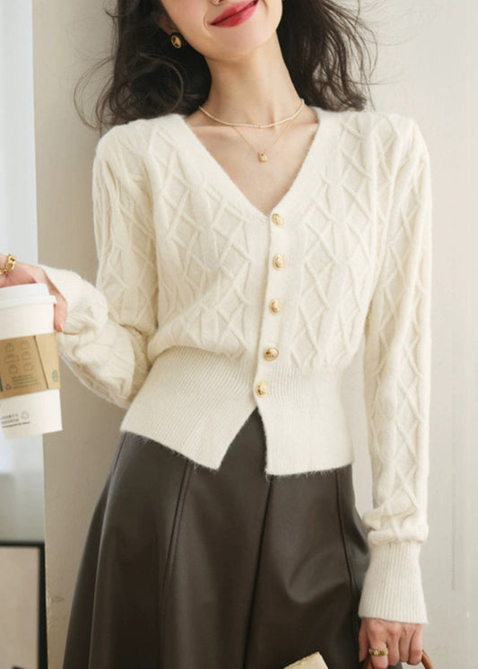 White Button Plaid Knit Sweater V Neck Spring Tf010
