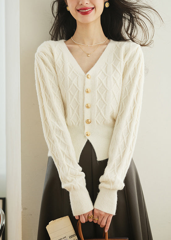 White Button Plaid Knit Sweater V Neck Spring Tf010