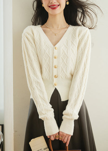 White Button Plaid Knit Sweater V Neck Spring Tf010