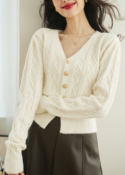 White Button Plaid Knit Sweater V Neck Spring Tf010