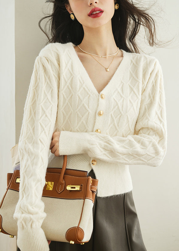 White Button Plaid Knit Sweater V Neck Spring Tf010